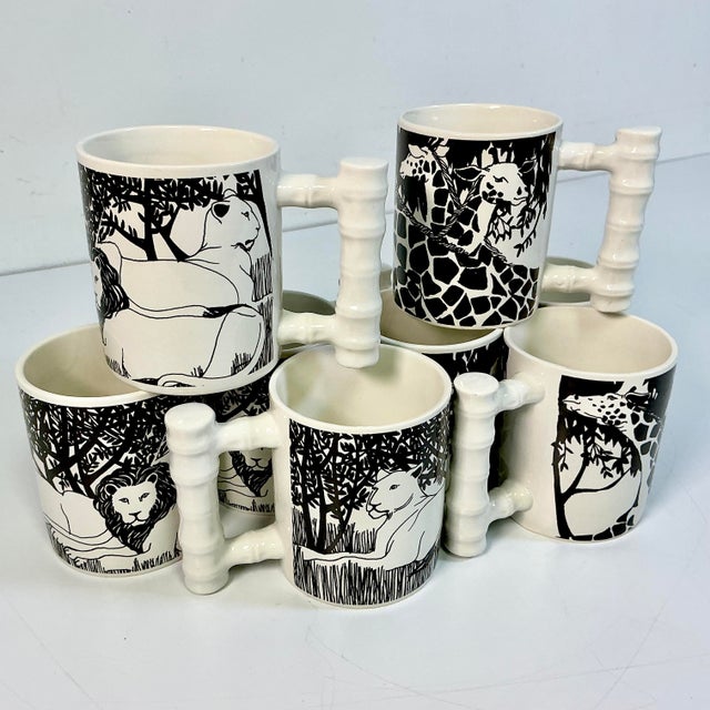 Ceramic 1970s Vintage Safari Boho Chic Lion & Giraffe Coffee Cups With Faux Bamboo - Set of 8. For Sale - Image 7 of 10