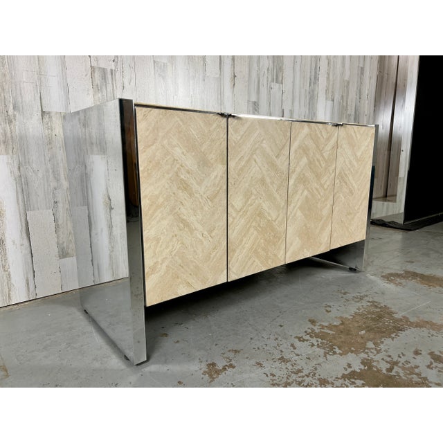 Modern Ello Herringbone Travertine & Chrome Credenza For Sale - Image 3 of 13