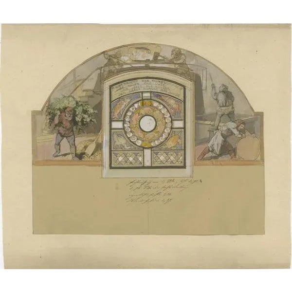 Narrative representation of the brewing sequence with hop mining, mashing, brewing. Watercolored ink drawing, probably by...