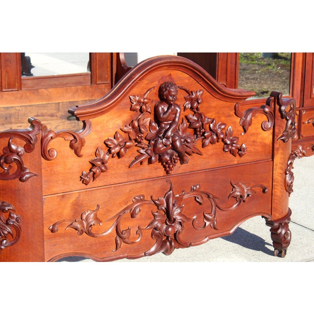 Wood Monumental 19th Century Rococo Revival Bedroom Set – Hand Carved Queen Bed & Armoire – Museum Quality For Sale - Image 7 of 18