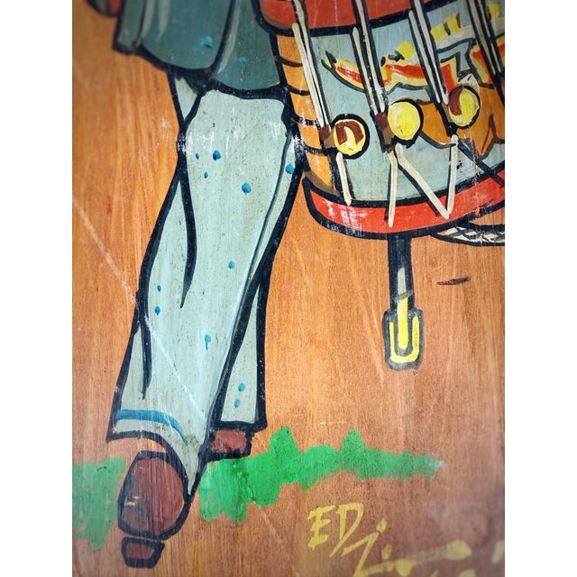American Folk Art - Civil War Union Soldier Drummer Boy Painting on Hand Hewn Wood - Artist Signed 1968 For Sale - Image 4 of 10