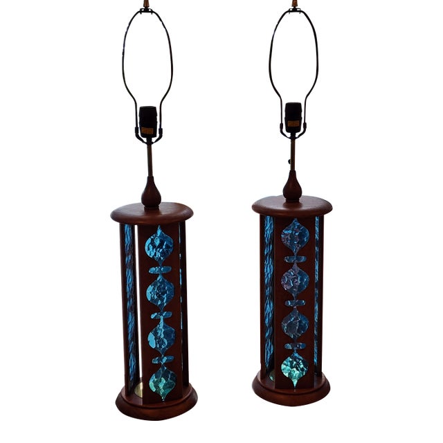 Mid-Century Modern Modeline Walnut Carved Blue Lucite Lamps - a Pair For Sale