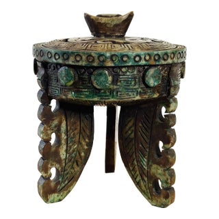 Antique Carved Chinese Lidded Incense Burner of Green Stone With Carved Legs For Sale