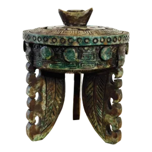 Antique Carved Chinese Lidded Incense Burner of Green Stone With Carved Legs