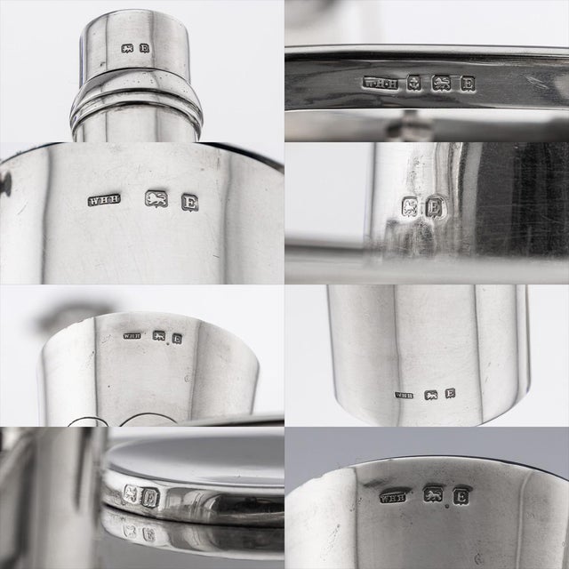 Early 20th-century english novelty solid silver condiment set resembling a drinks serving set. The set includes an open...