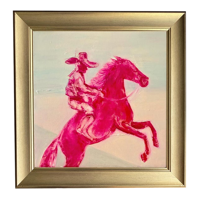 Western Art Pink Cowboy on Rearing Horse Original Oil Painting, Signed, Gold Frame by Tatiana Duperault For Sale