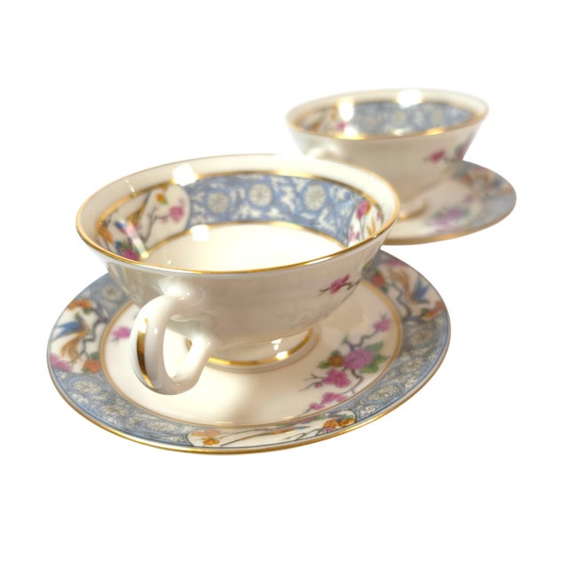 Lenox Vintage Lenox Ming P-16 Bird and Floral Footed Teacups and Saucers Set of 2 - 4 pcs For Sale - Image 4 of 16