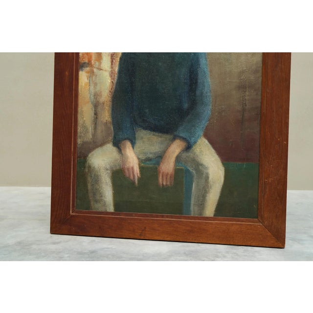 Belgian Artist, Portrait of a Sitting Man, 1964, Oil and Tempera Paint on Canvas For Sale - Image 8 of 12