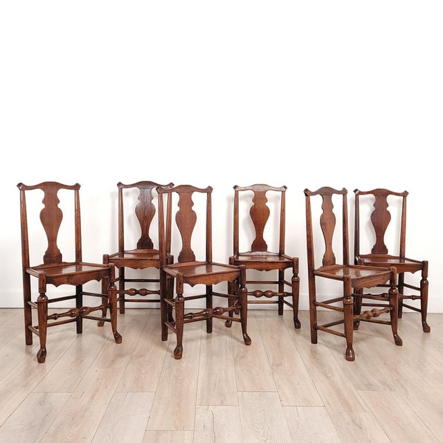 A set of six oak Lancashire English chairs, 19th century or earlier. Seat height 18".
