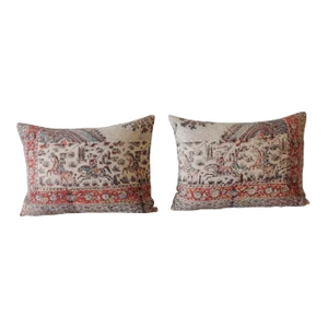 Vintage Hand-Blocked Kalamkari Bolster Decorative Pillows - A Pair