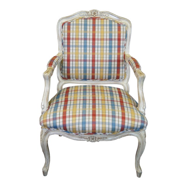 Mid 20th Century Vintage French Provincial Louis XV Fauteuil Plaid Library Lounge Armchair For Sale