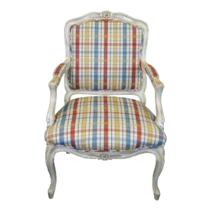 Mid 20th Century Vintage French Provincial Louis XV Fauteuil Plaid Library Lounge Armchair