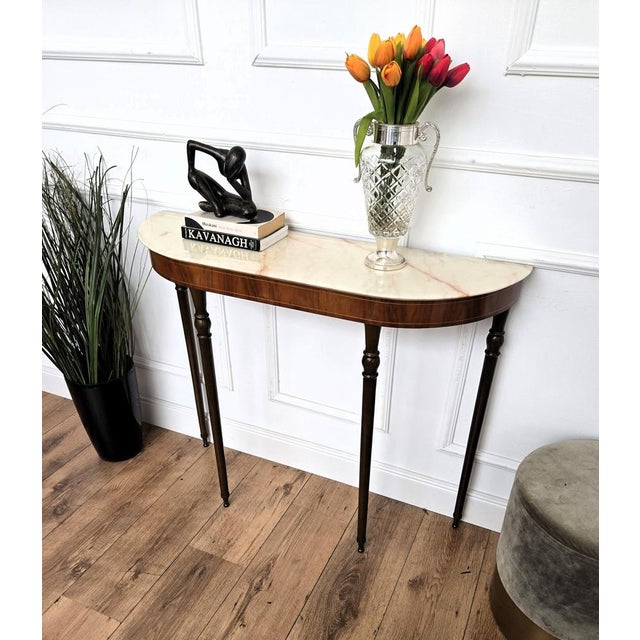 1950s Mid-Century Italian Wooden Brass Console Table with Marble Top, 1950s For Sale - Image 5 of 8