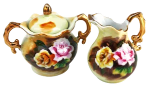 Early 20th Century Gold & Pink Floral Sugar & Creamer Set- 2 Pieces