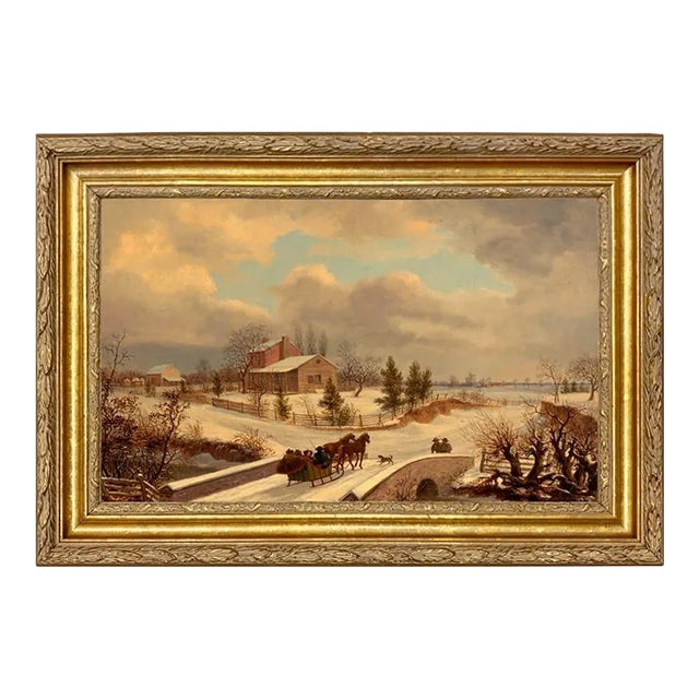 Winter Landscape Scene Framed 15x24" Oil Painting Print on Canvas For Sale