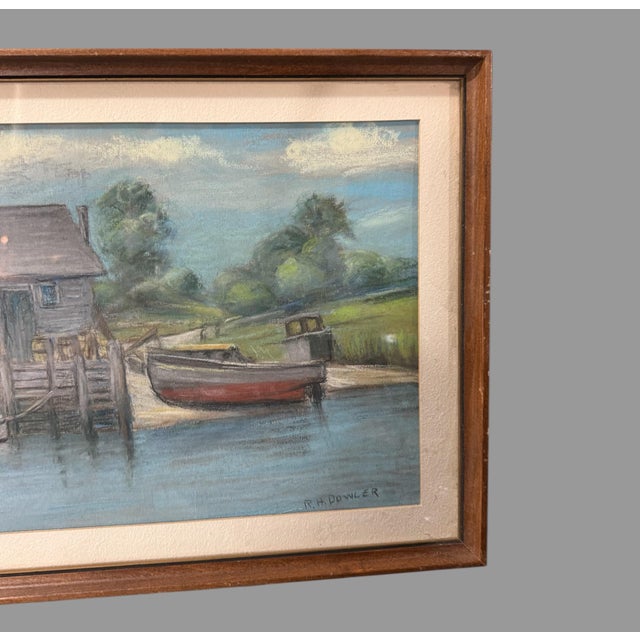 American Vintage Cottage Dockside Landscape Framed Pastel Watercolor Painting W Boat For Sale - Image 3 of 6