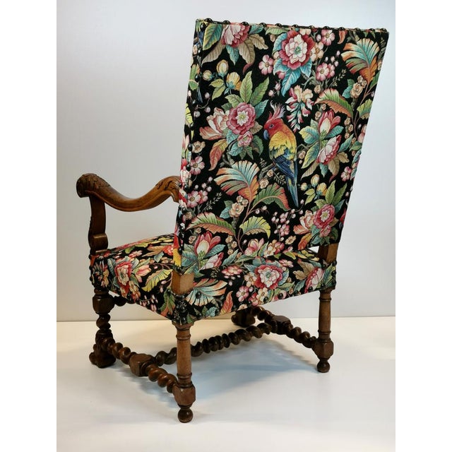 Antique Louis XIII and Renaissance Walnut Armchairs with Parrot Upholstery, 1890s, Set of 2 For Sale - Image 18 of 18