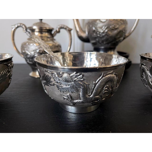 Early 20th Century Rare Chinese Export Sterling Silver Tea Set with Dragon Design Tianjing Wuhua - 13 pcs For Sale - Image 15 of 18