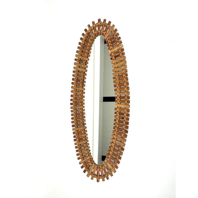 Light Yellow Mid-Century Bamboo and Rattan Oval Wall Mirror, Italy, 1960s For Sale - Image 8 of 12