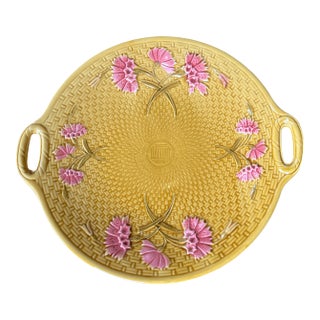 Antique Gs Zell Majolica Pink Dianthus Carnations on Basketweave Porcelain Platter, Germany, C. 1890s For Sale