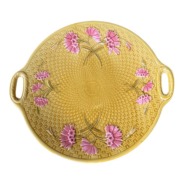 Antique Gs Zell Majolica Pink Dianthus Carnations on Basketweave Porcelain Platter, Germany, C. 1890s For Sale