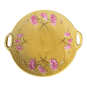 Antique Gs Zell Majolica Pink Dianthus Carnations on Basketweave Porcelain Platter, Germany, C. 1890s