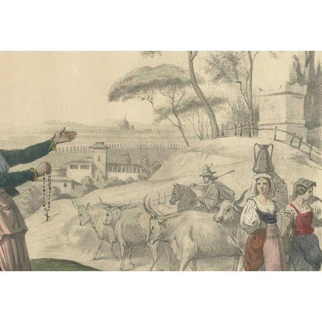 Cream After Leloir, Italian Regional Costumes, Peasants of Rome and Abruzzo, Femme Dischia, 1845, Lithograph For Sale - Image 8 of 9