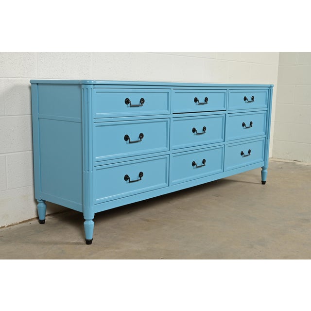 French Baker Furniture French Regency Louis XVI Cerulean Blue Lacquered Dresser or Credenza, Circa 1960s For Sale - Image 3 of 12