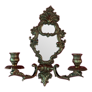 Ornate Vintage Brass Mirrored Wall Sconce - Hollywood Regency Style