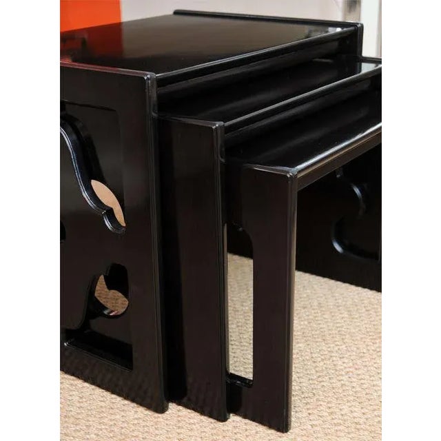 Mid-Century Modern Vintage Ebonized Cut Out Wood Nesting Tables Set of 3 60's For Sale - Image 3 of 11