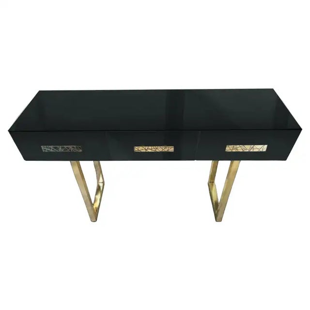 Italian Black Console in Mirrored Glass, Brass Handles and Legs For Sale - Image 3 of 5