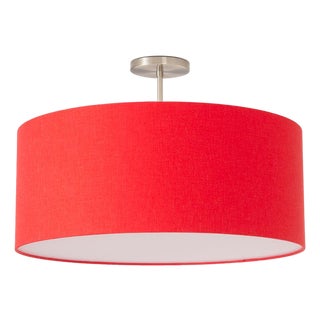 Crimson Red Linen Drum Semi Flush Mount Red Fabric Shade Satin Nickel Mid Century Dining Room Ceiling Light For Sale