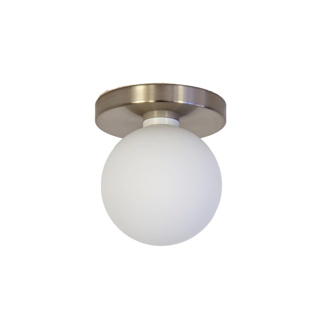 Metal Globe Flush Mount Brushed Nickel, 5 Inch Glass Globe, by Research.Lighting, Modern, Minimal For Sale - Image 7 of 7