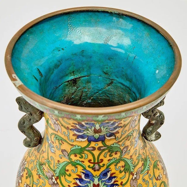 Traditional Pair of Chinese Yellow Cloisonné Vases For Sale - Image 3 of 5