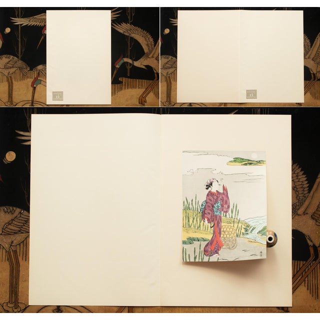 A stunning full-color Ukiyo-E Hanga print after original woodblock print "Hunting Scouring Rush" by Harunobu (died on the...