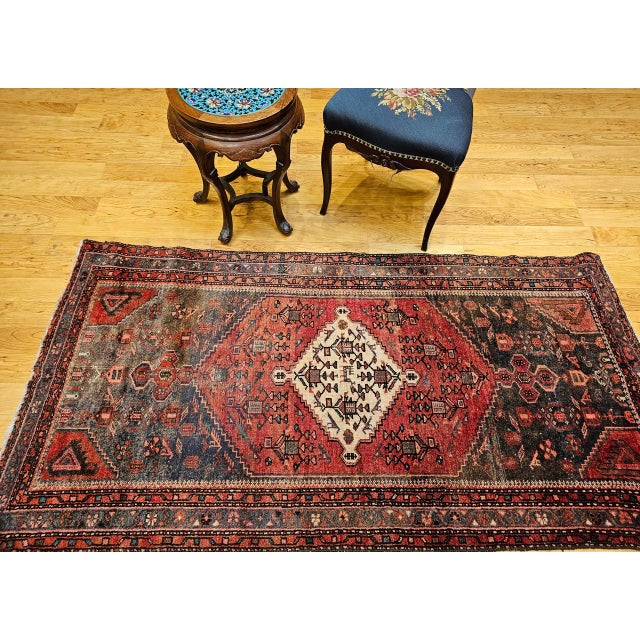 Textile Vintage Persian Hamadan Rug, Hand-Knotted Wool, Geometric Medallion Pattern, Moss Green & Red, 4x7 For Sale - Image 7 of 18