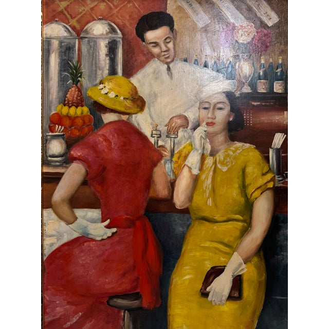 Wood Mid Century Modernist Painting of a Cafe Scene, From the Collection of Seymour Stein For Sale - Image 7 of 12