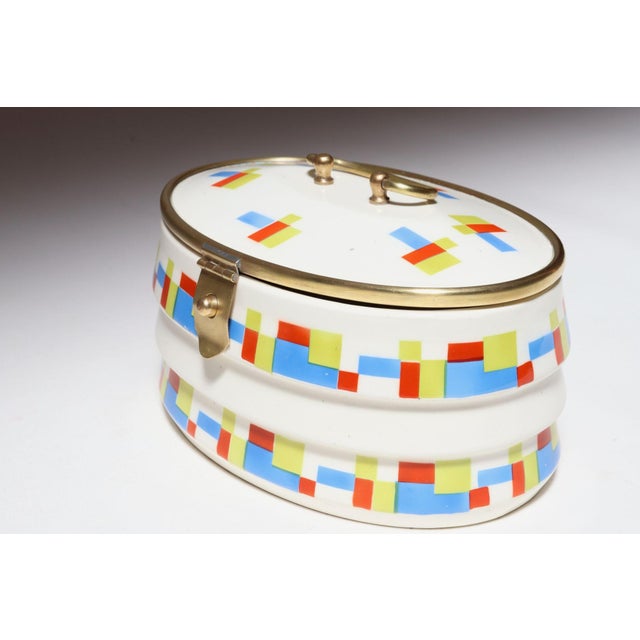 1920s German Art Deco Ceramic and Brass Biscuit Tin With Geometric Motif For Sale - Image 5 of 18