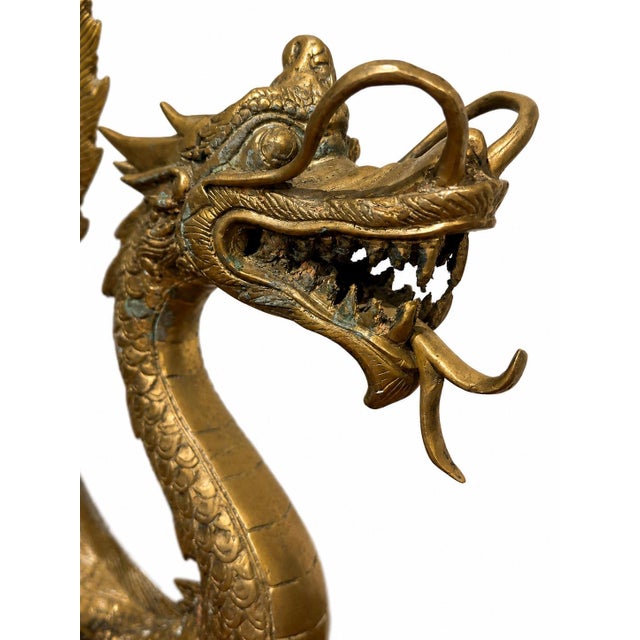 Chinoiserie Monumental Vintage Cast Brass Chinese Dragon Two-Light Candelabra, 37” For Sale - Image 3 of 5