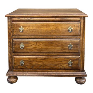 Vintage Ethan Allen Royal Charter Jacobean Oak Three Drawer Nightstand Chest For Sale