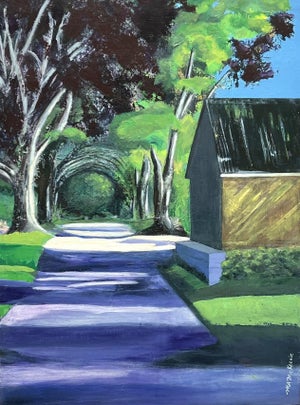 “Purple Path" Contemporary Impressionist Cityscape With House in Yellow, Green, Blue by Mill Valley Artist Mary Anne McKernie