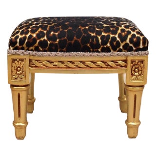 Leopard Print Upholstered Footstool in Gold Leaf For Sale