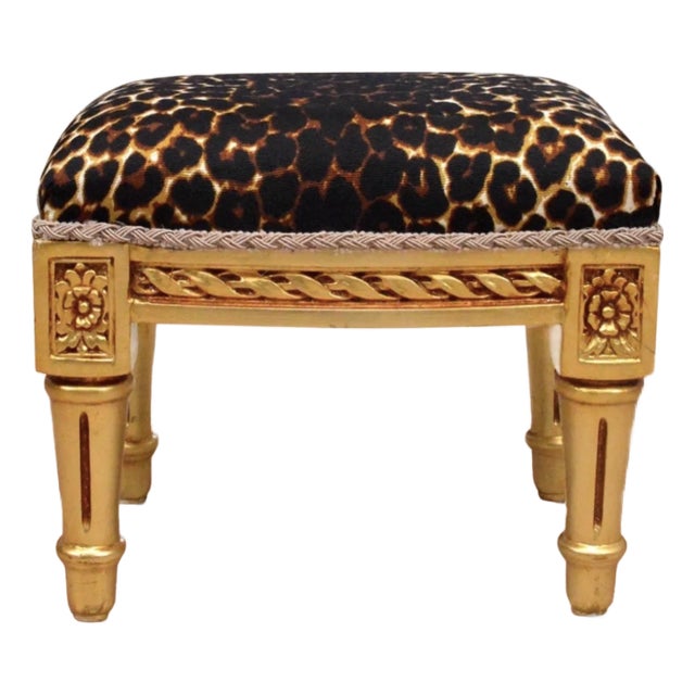 Leopard Print Upholstered Footstool in Gold Leaf For Sale