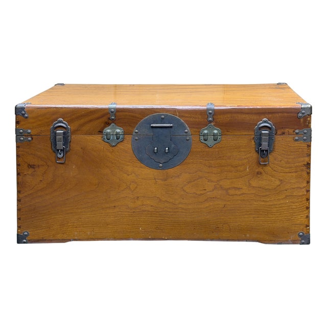 Vintage Oriental Wood Rectangular MoonFace Hardware Trunk Table For Sale