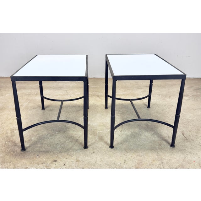 Mid 20th Century Mid Century Modern Wrought Iron & Milk Glass Small Side Tables—a Pair For Sale - Image 5 of 12