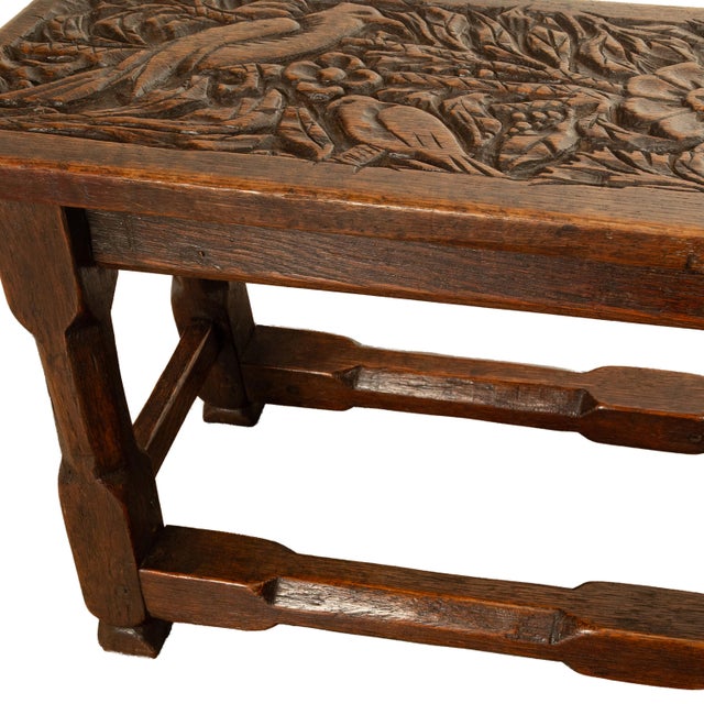 Antique English Carved Oak Arts & Crafts Hall Bench Seat 'Birds in a Tree' 1900 For Sale - Image 14 of 14