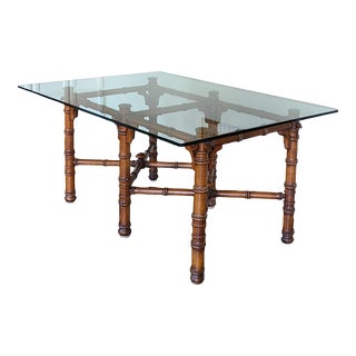 1970s Vintage Hickory Furniture Faux Bamboo McGuire Style Dynasty Dining Table Base & Glass Top For Sale