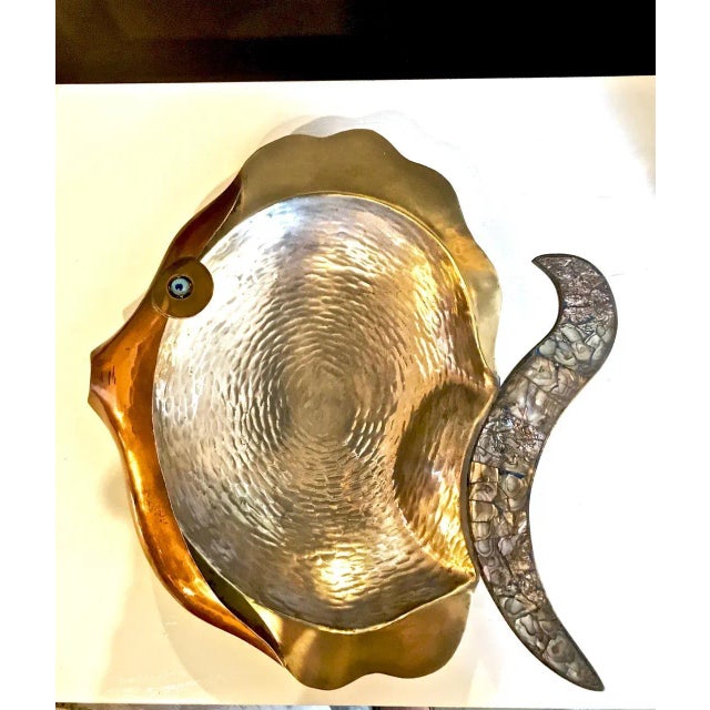 Metal Los Castillo Mixed Metal and Abalone Fish Platter, Mid-20th Century For Sale - Image 7 of 10