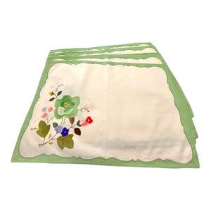 Vintage Set of 5 Placemats Early to Mid 20th Century Turquoise White Farmhouse Embroidered Tatting Shabby Chic Traditional English Cottage Spring
