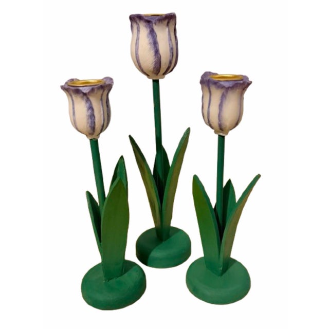 Vintage Wood Flowers Tulips Shaped Candle Holders - Set of 3 For Sale In Miami - Image 6 of 8